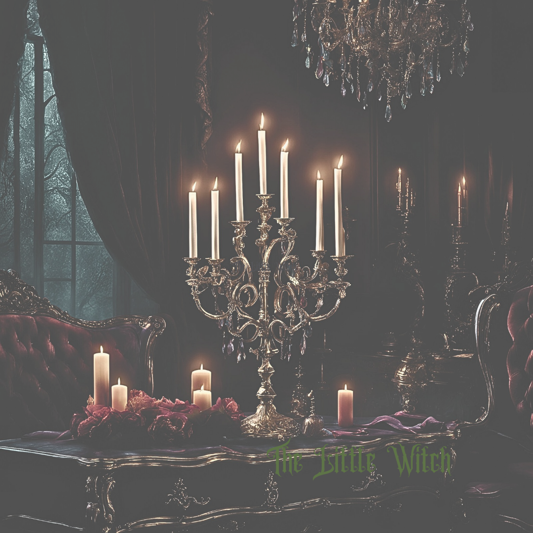 Ornate gold candelabra with 7 flickering flames of dinner candles surrounded by varying sizes of pillar candles to create a cosy and moody atmosphere