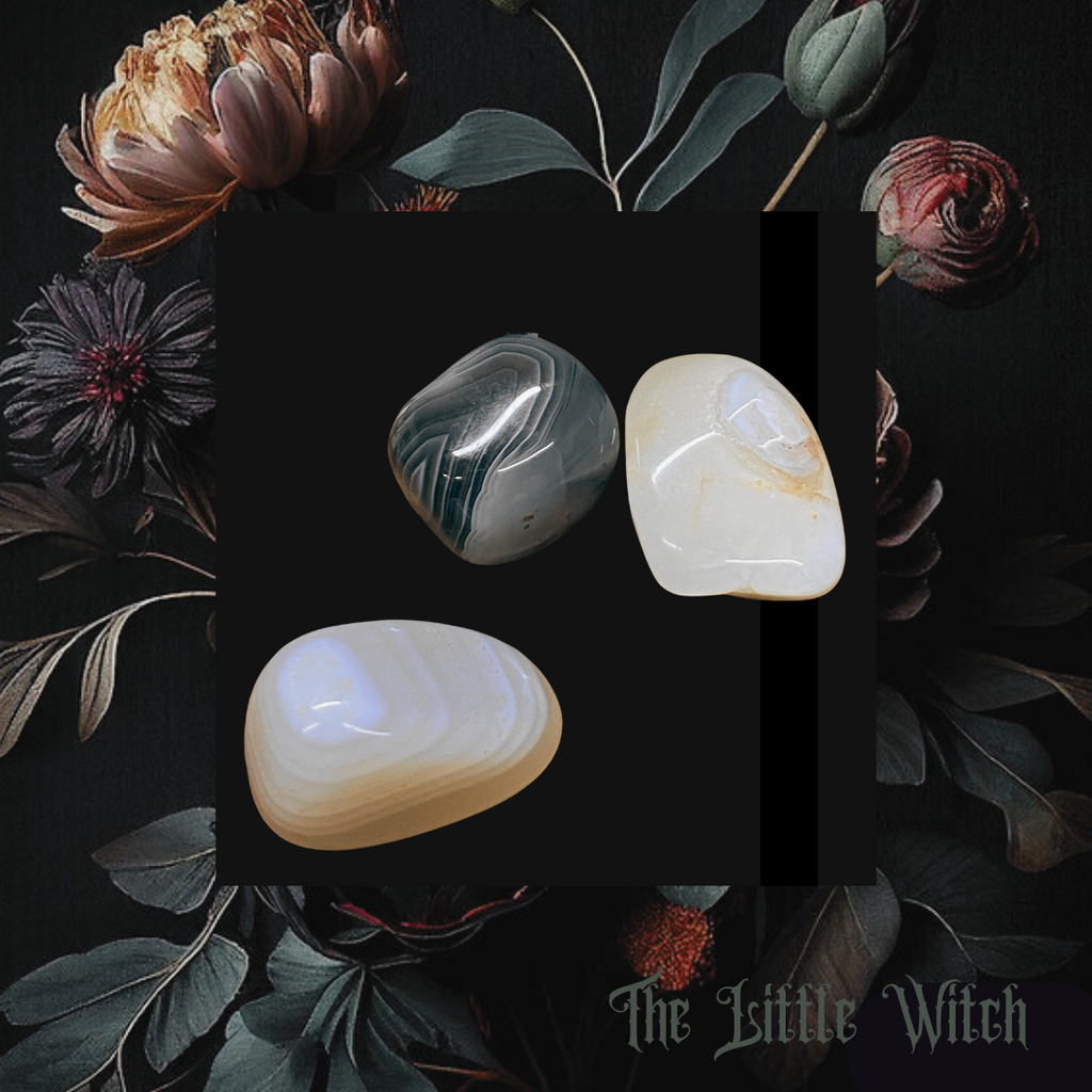 Polished stones of Botswana Agate displayed against a floral background.