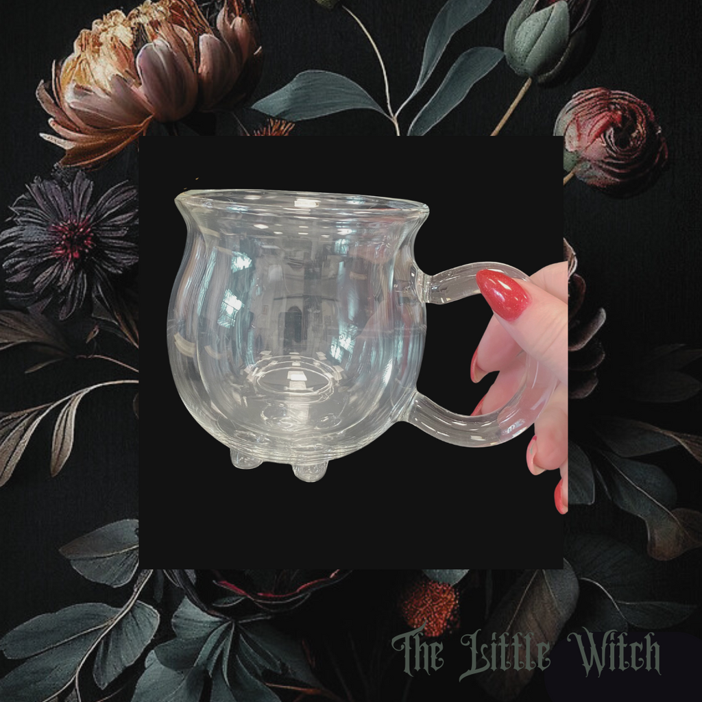 Double walled clear glass cauldron mug against a black background with floral dark academia vibe