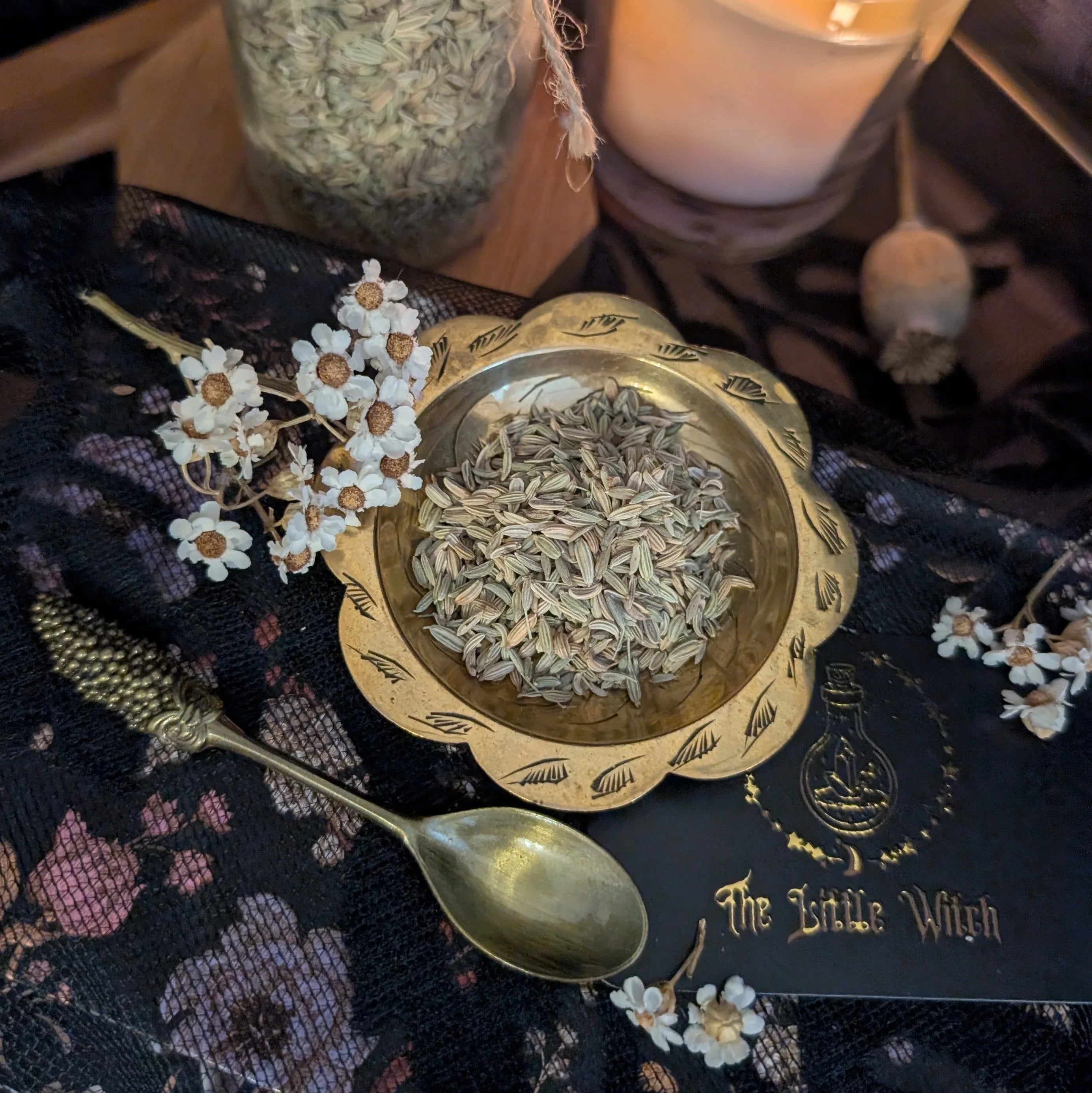 Fennel Seeds in a decorative bowl with a spoon and flowers on a dark fabric background. 