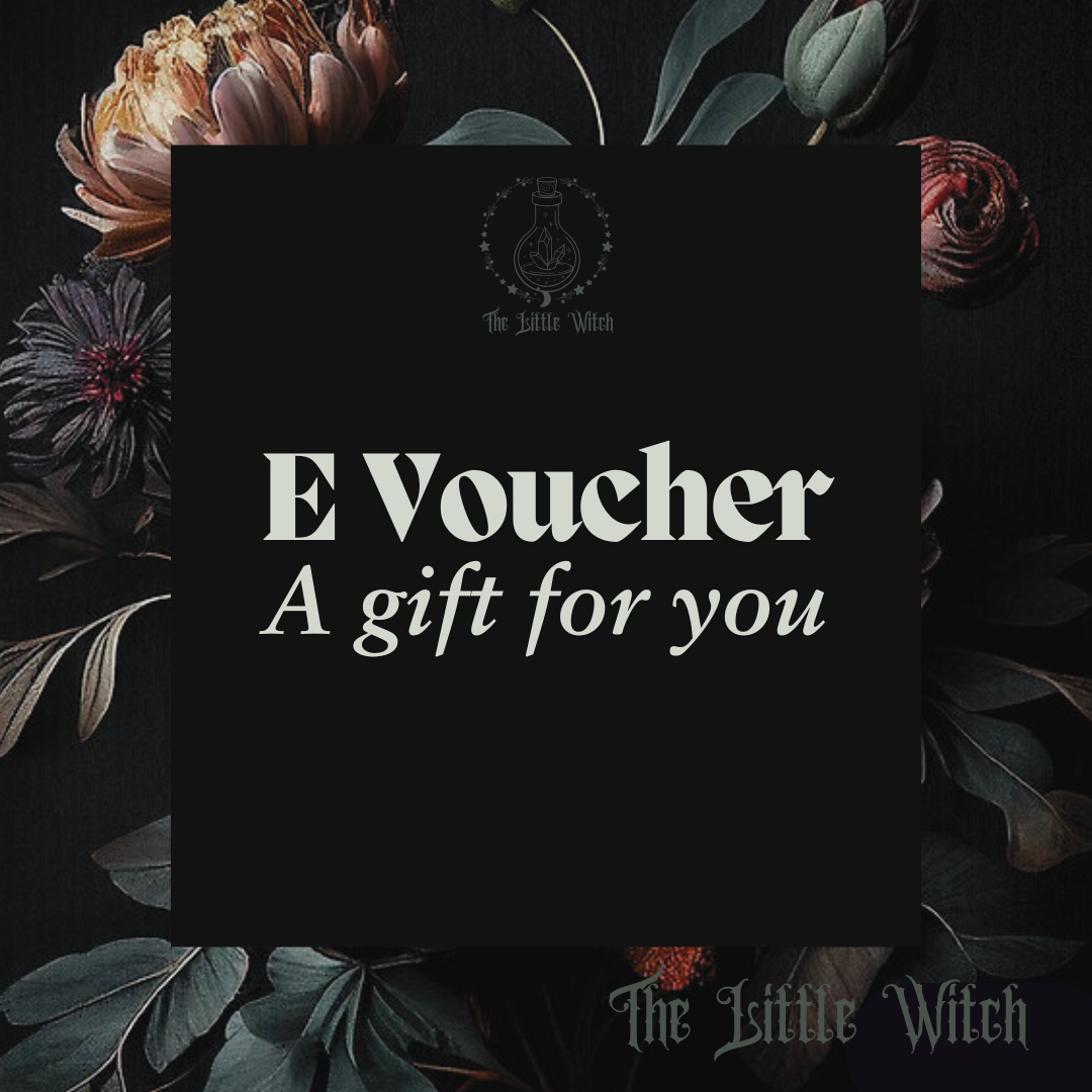 A digital gift card from The Little Witch with floral backgrounds, featuring the text 'E Voucher A gift for you'.
