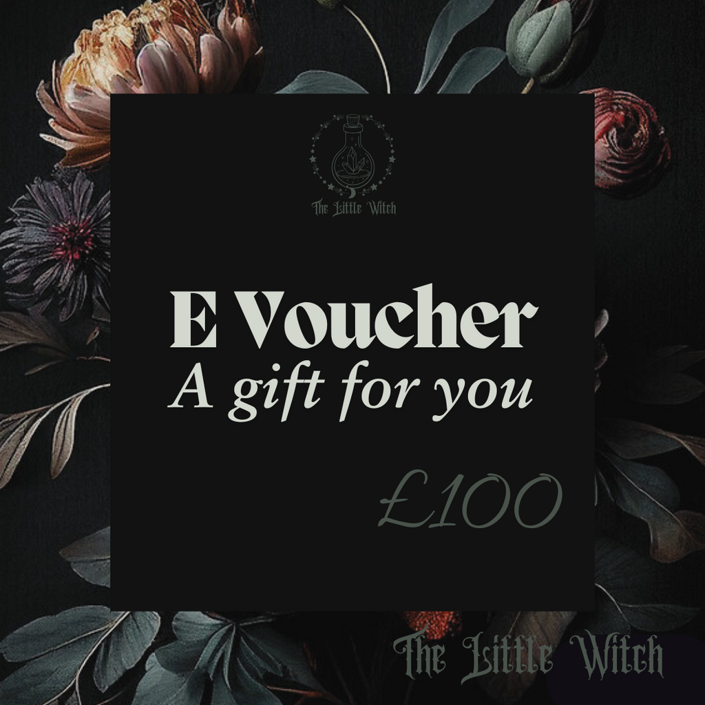 Dark floral background with The Little Witch E-Voucher for the value of £100