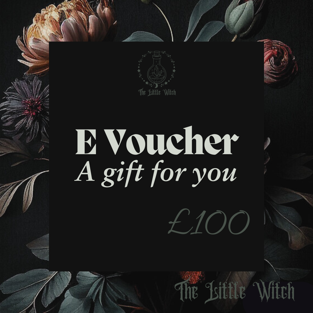 Dark floral background with The Little Witch E-Voucher for the value of £100