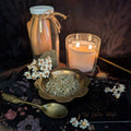 Horsetail herb in a bowl with a lit candle and bottle on a dark fabric background