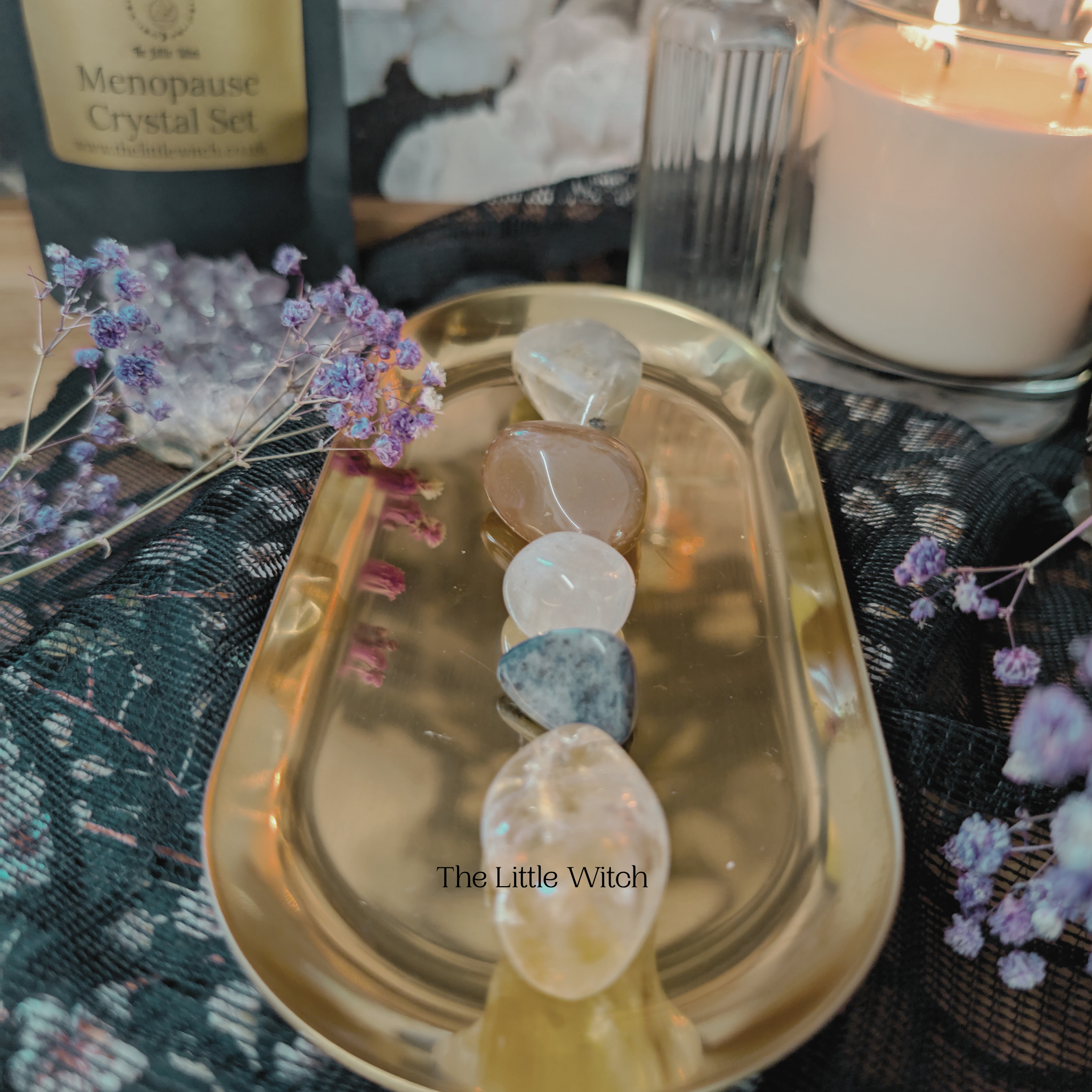 A carefully curated menopause crystal set offering holistic support for symptoms like hot flushes, mood swings, and sleep issues during perimenopause and menopause."