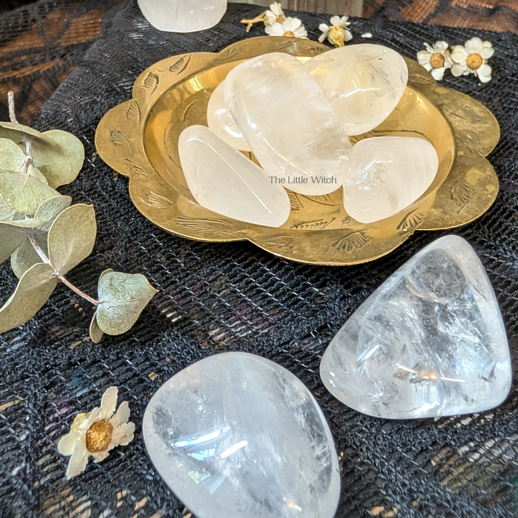 Clear crystals sitting in a gold dish with dried flowers 