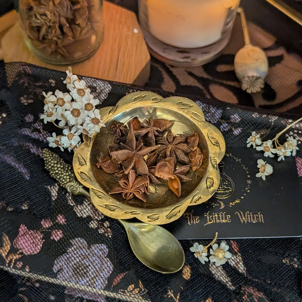 Gold bowl with star anise on a decorative cloth with 'The Little Witch' book
