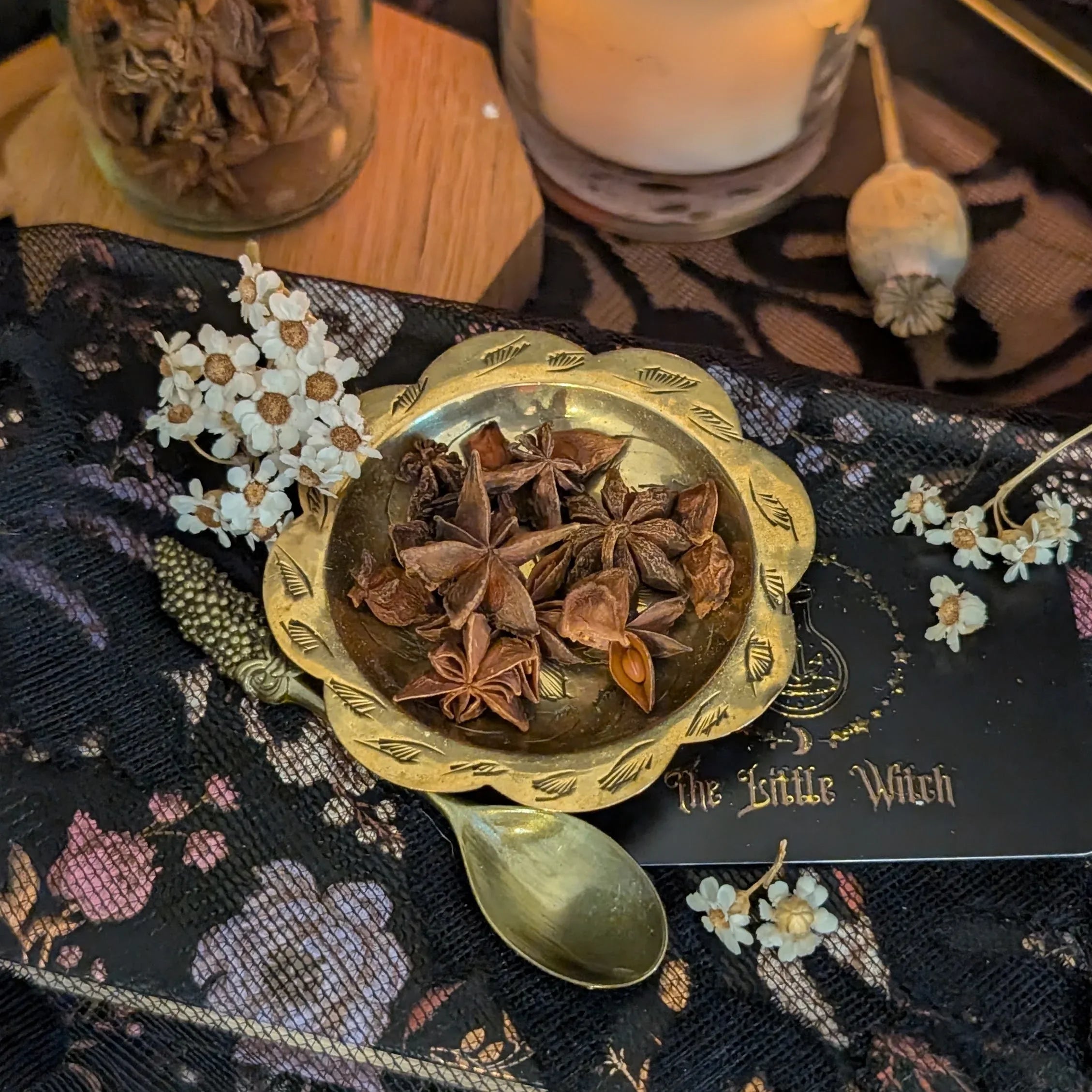Gold bowl with star anise on a decorative cloth with 'The Little Witch' book