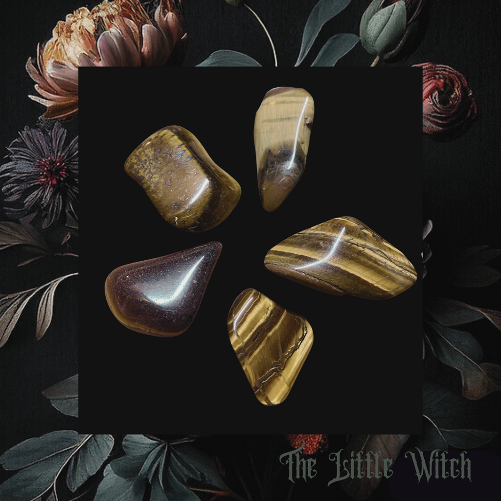 A collection of tumbled Tiger Eye stones displayed on a dark background with floral elements around the edges.