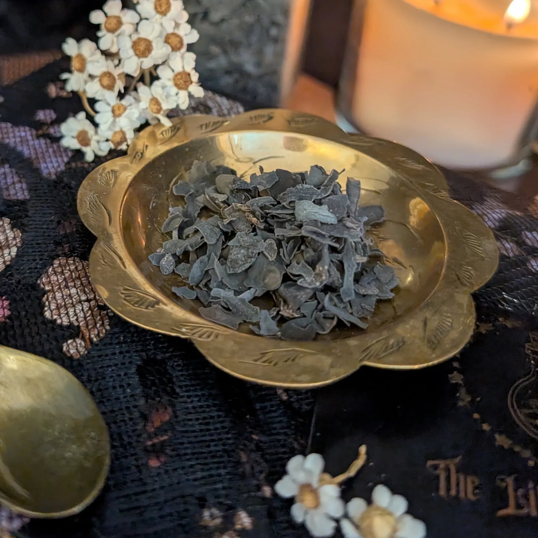 Gold dish with dried bladderwrack on a dark fabric background with white flowers.