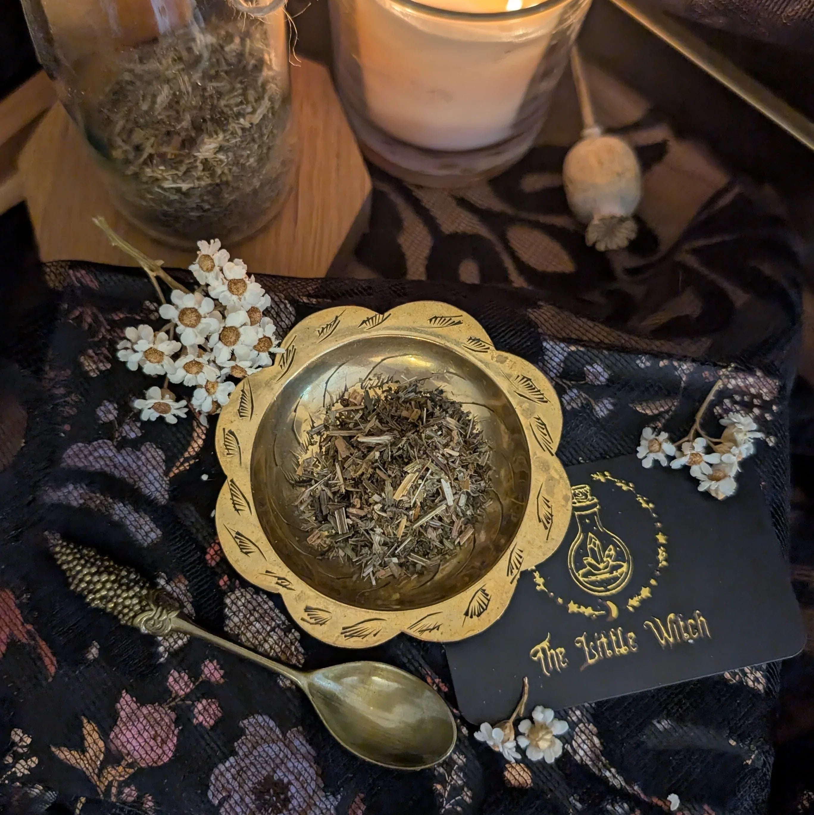 Gold bowl with dried herbs on a dark fabric background with 'The Little Witch' card.