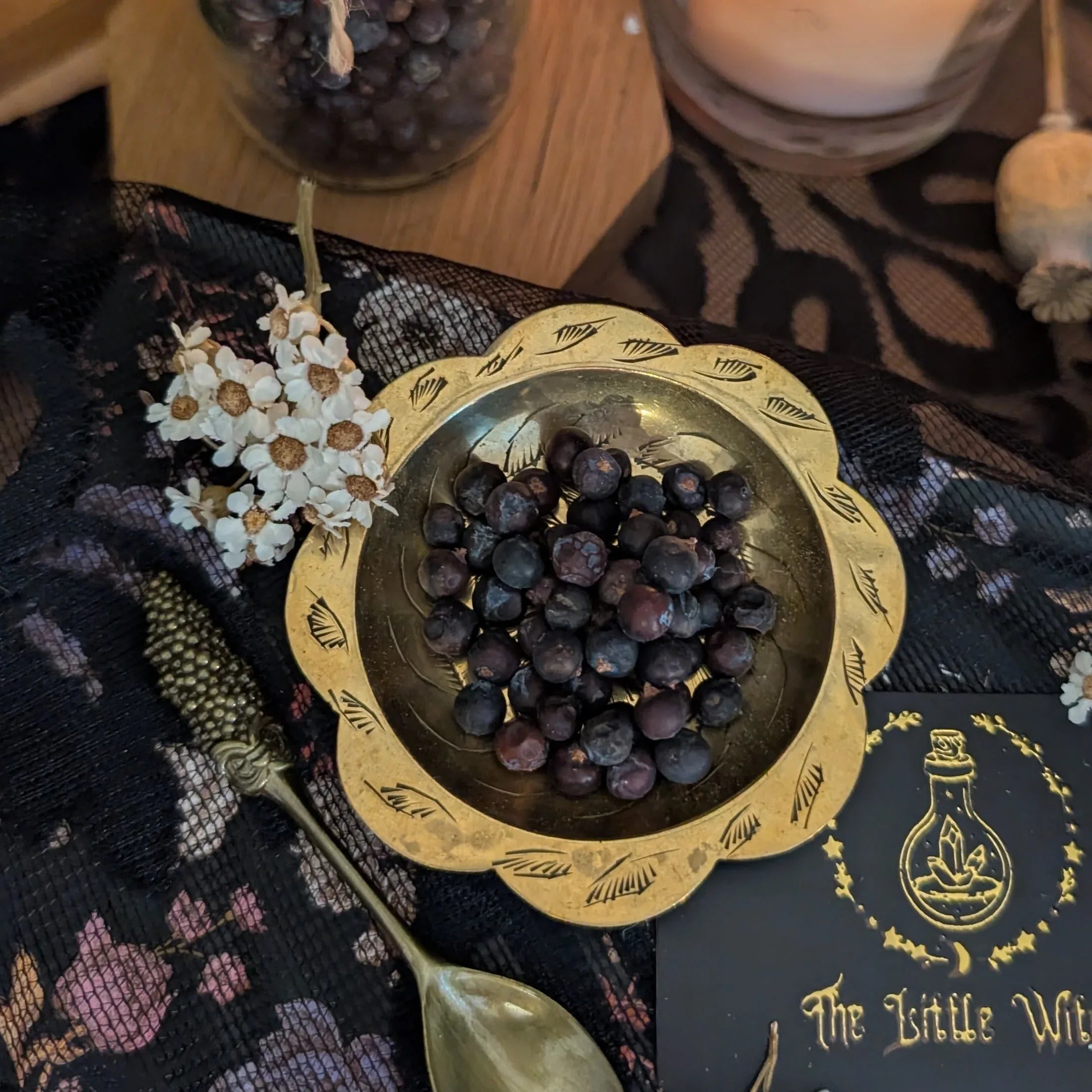 Decorative gold bowl with dark juniper berries on a textured surface with floral elements.
