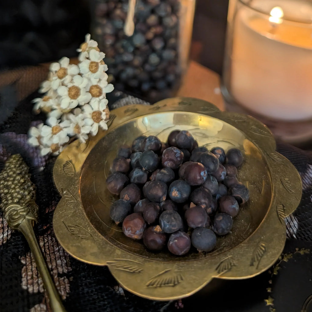 Decorative bowl with dark berries on a textured surface with a candle in the background