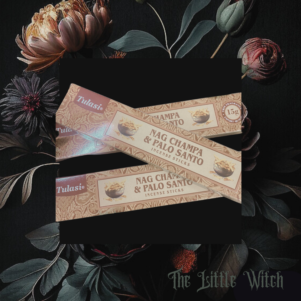 Nag Champa and Palo Santo incense sticks with floral elements in the background, branding visible.