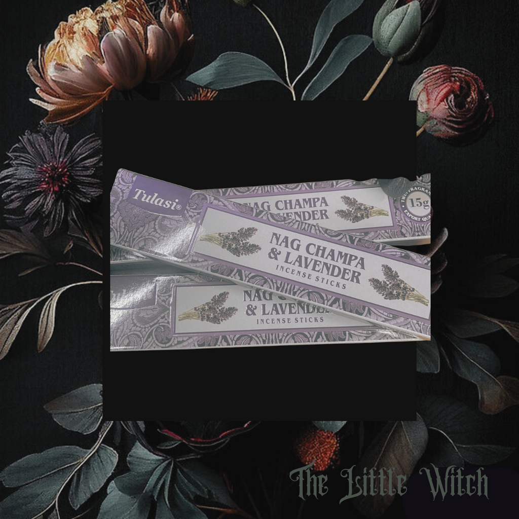  Nag Champa and Lavender incense sticks with floral background. The packaging is in purple and white colors, with the brand name 'Tulasi' visible.