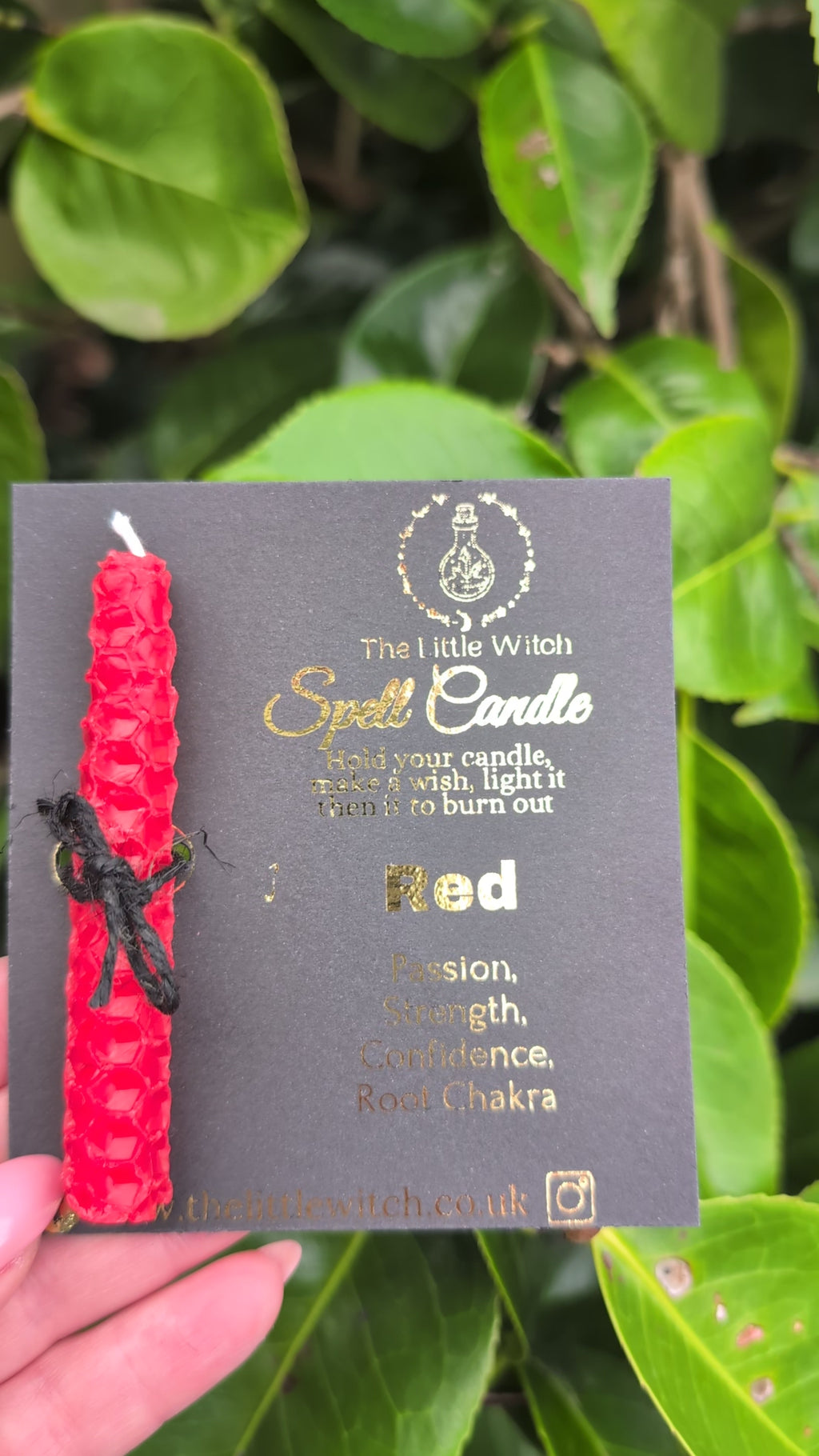 red candle on black and gold 'The Little Witch' branding
