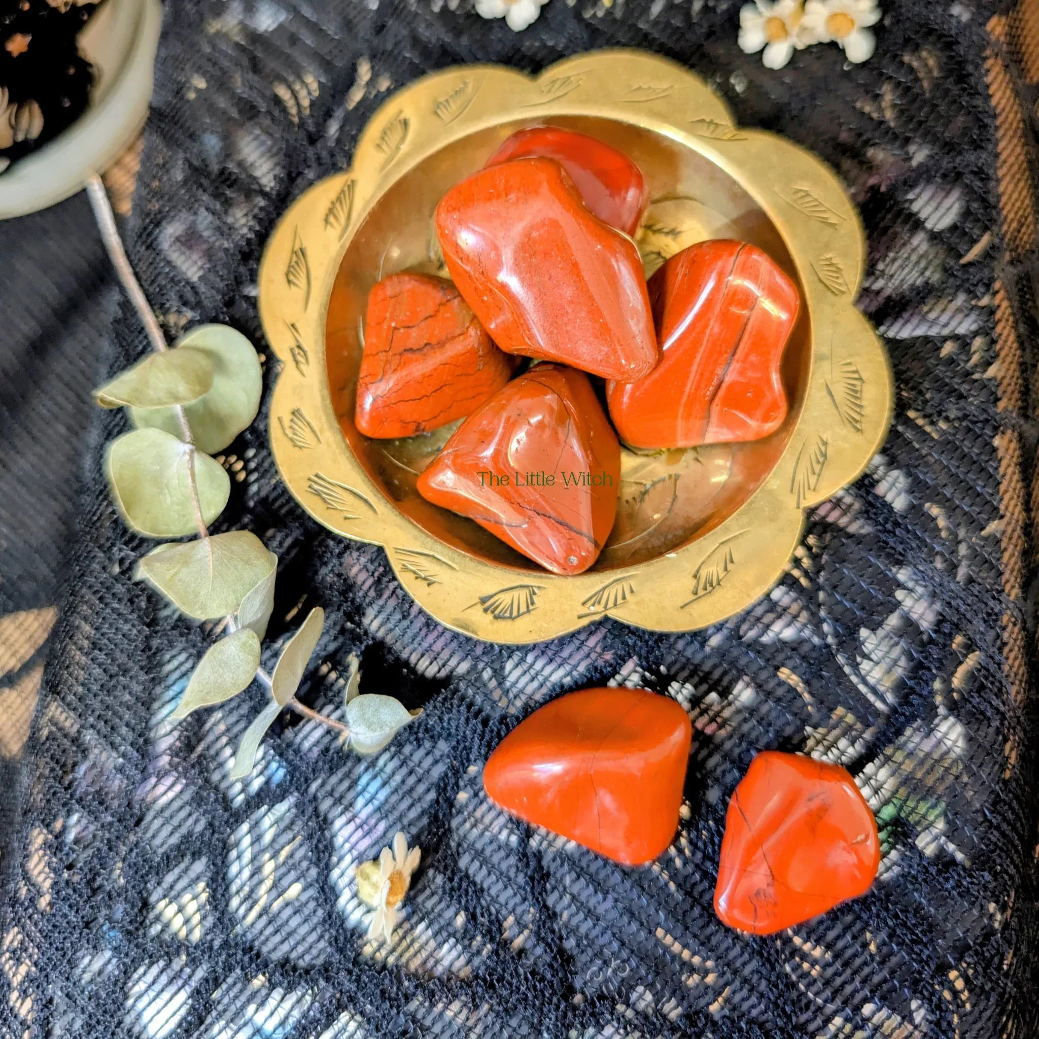 Red Jasper crystals in a gold bowl on a textured surface with plants.