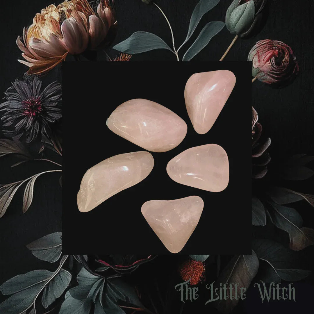 Set of pink stones on a dark background with floral elements and 'The Little Witch' branding.