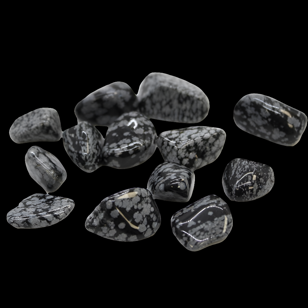 a selection of snowflake obsidian crystals, a black stone with multiple white patterns that look like snowflakes